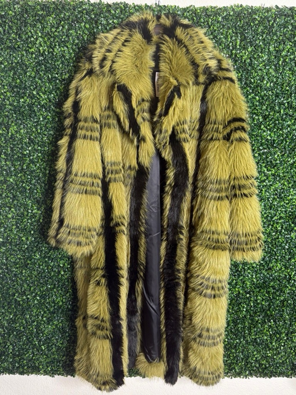 Faux Fur Plaid Long Coat in Mustard Black - Women's Statement Outerwear